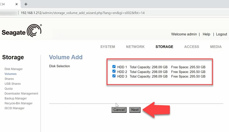 Select the disks for the array