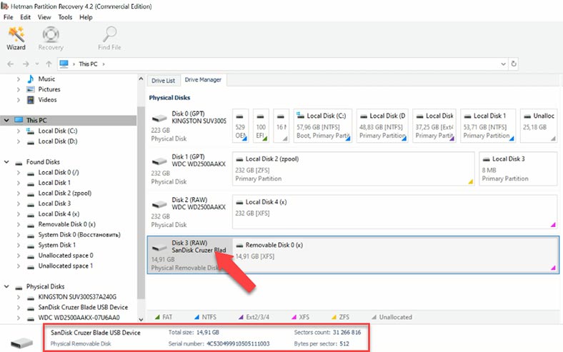 Hetman Partition Recovery has recognized the disk