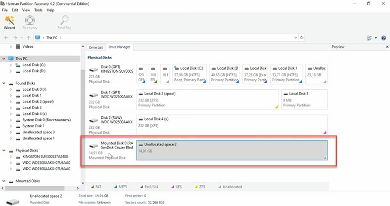 Espace non alloué sur un disque dans Hetman Partition Recovery