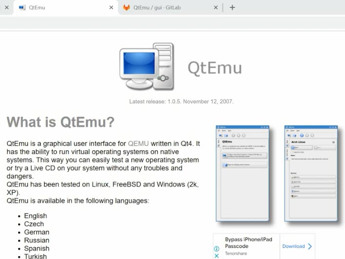 QtEmu graphical interface 