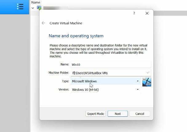 Specify the virtual machine name and operating system type