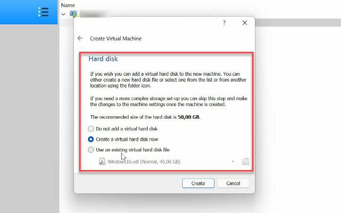 Create a new virtual hard disk