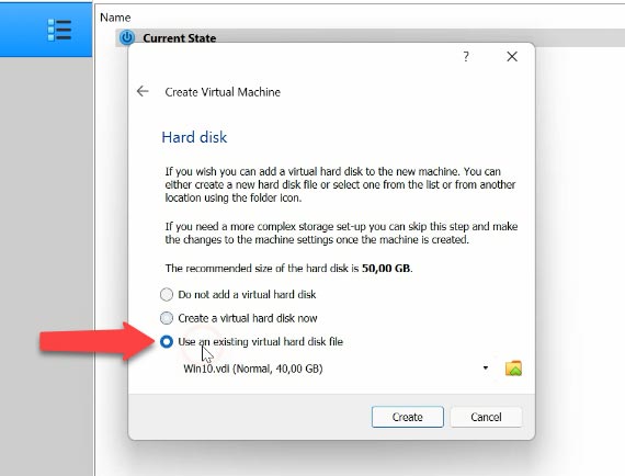 Use an existing virtual hard disk file