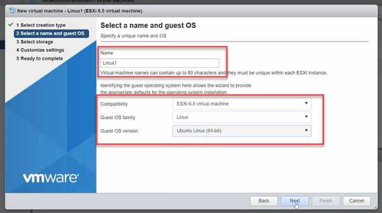 Give the name of the virtual machine, and specify its operating system family and version