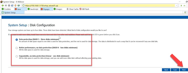 Give a name to your storage system, and set up date and time, choose network settings, and the disk array type