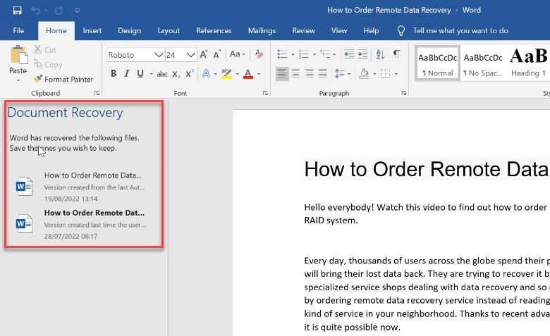 Recovering a document in MS Office