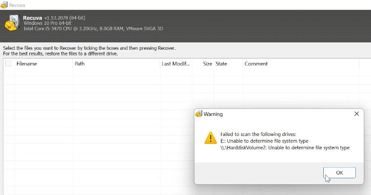 Помилка відновлення даних Recuva