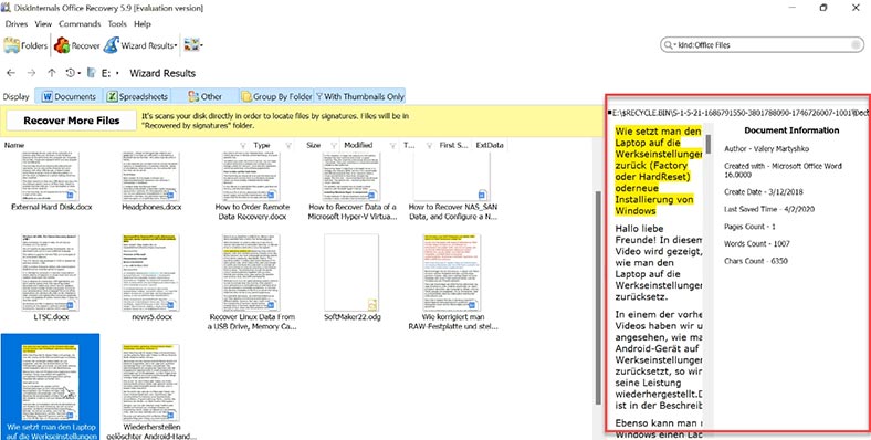 DiskInternals Office Recovery - recovering documents