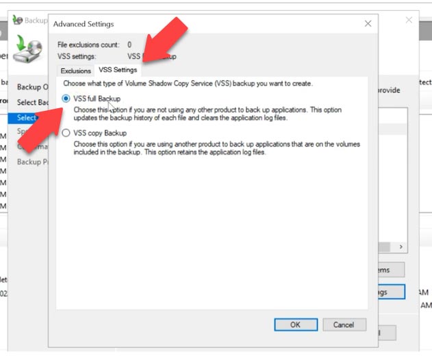 VSS Settings – VSS full backup