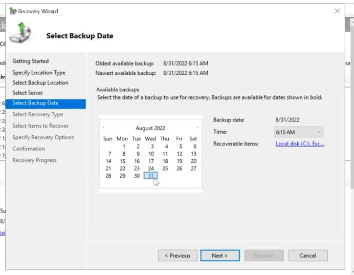 Sélectionnez le serveur et la date de la sauvegarde