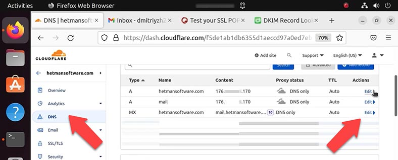 Ajoutez des enregistrements MX et A pour le domaine dans le panneau de configuration DNS