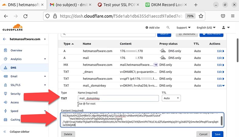 Create a record in the DNS Control Panel