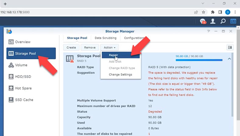 Gestionnaire de stockage – Groupe de stockage – Actions – Réparation