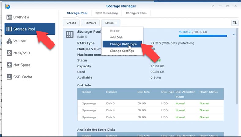 Groupe de stockage – Action – Modifier le type de RAID