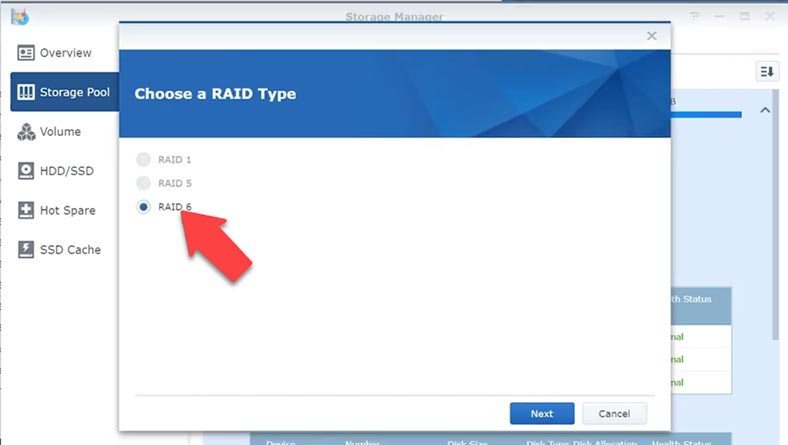 Selecione o tipo de array RAID 6