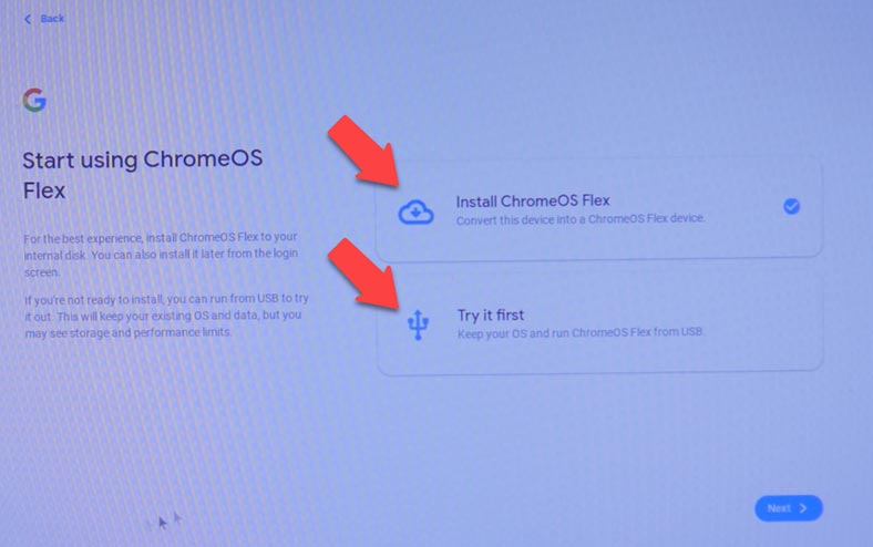 The choice between installing and running it from USB