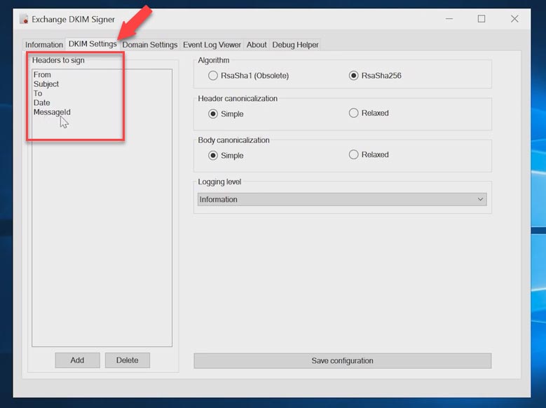 علامة تبويب DKIM Settings