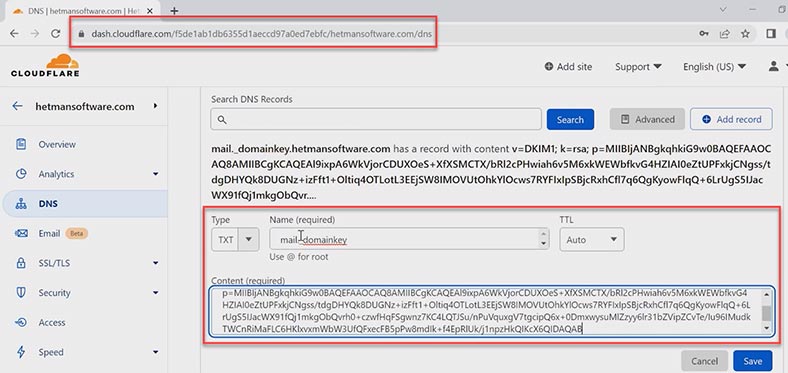 Criar um novo registro DNS com uma chave DKIM