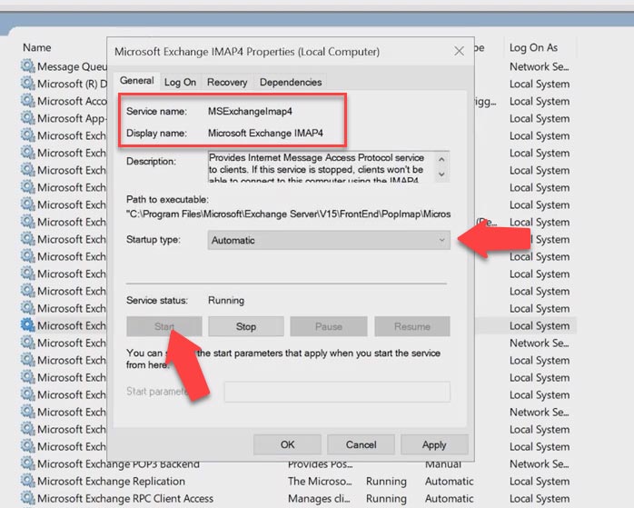 Inicio del servicio IMAP4 de Microsoft Exchange