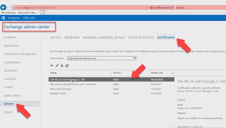 Painel de Controle do Exchange - Servidores - Certificados