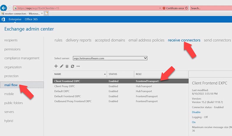 Mail flow – receive connectors – Client Frontend exchange