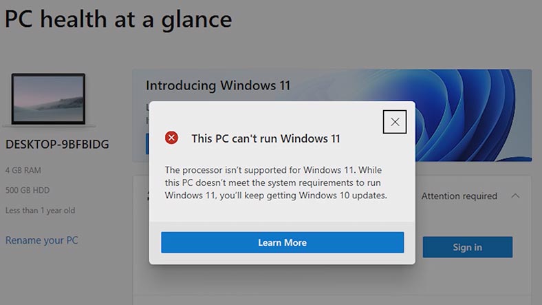 Erreur de compatibilité des exigences d'installation de Windows 11