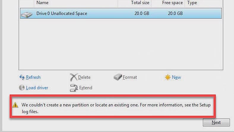 Erro - não foi possível criar uma nova partição ou localizar uma existente ao instalar o Windows