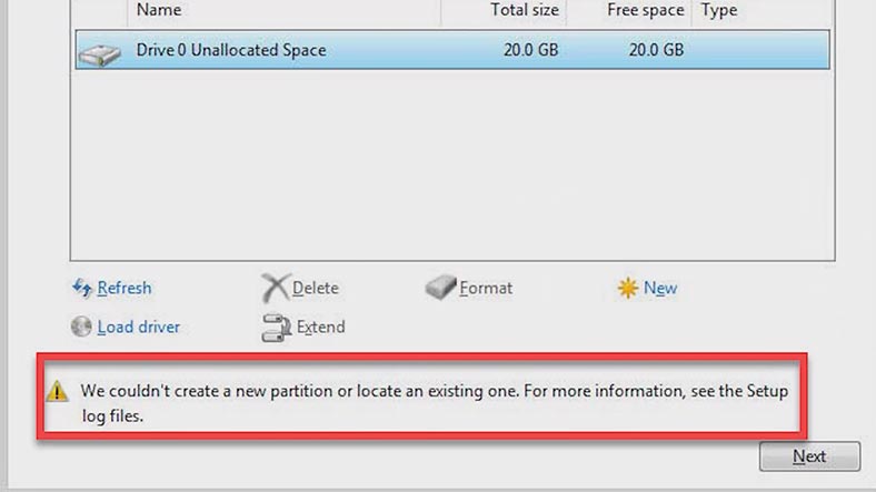 Error - We couldn’t create a new partition or locate an existing one when trying to install Windows
