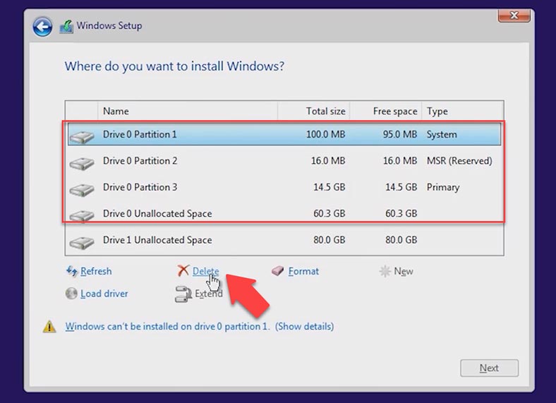 إزالة الأقسام الموجودة على محرك الأقراص لتثبيت نظام التشغيل Windows 11