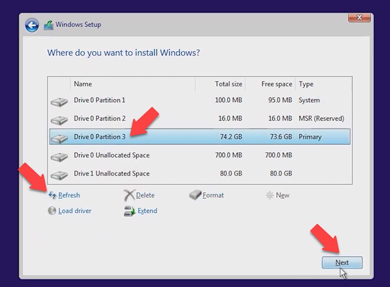 Selecione a partição para instalar o Windows 11