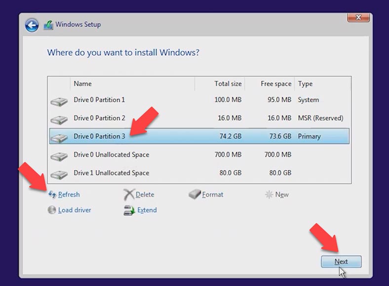 Choosing a partition to install Windows 11