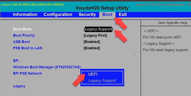 تبديل أوضاع BIOS من Legacy Support إلى UEFI