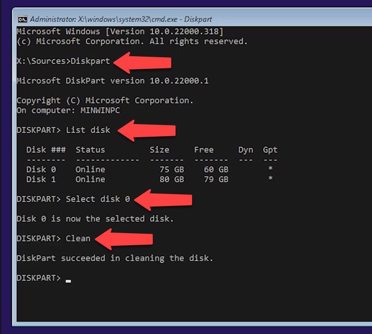 Cleaning the disk with the help of Diskpart