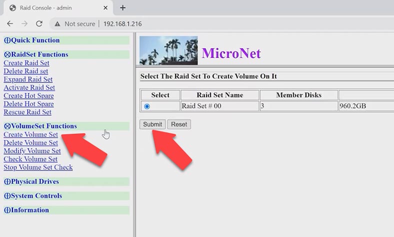 VolumeSet Function – Create Volume Set