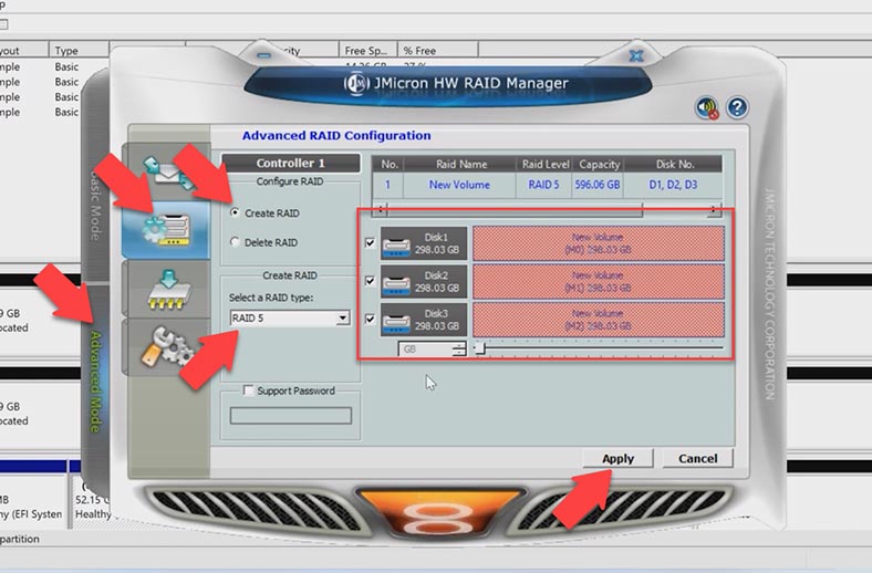 إنشاء مصفوفة RAID 5 في JMicron HW RAID Manager