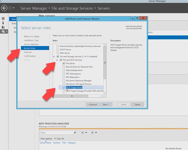 Instalamos las funciones del File Server y del iSCSI Target Server