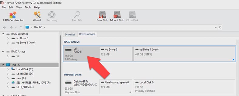 Hetman RAID Recovery has rebuilt the array automatically