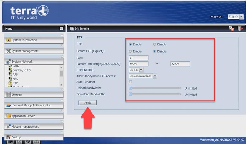 FTP-Server auf TERRA NASBOX 5G2 aktivieren