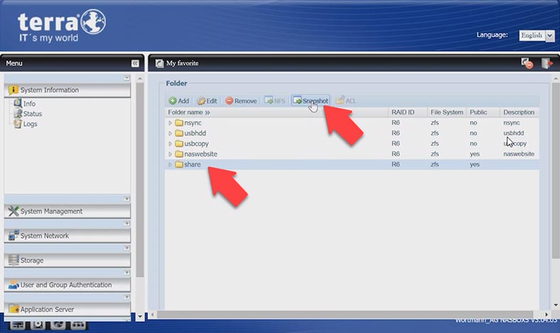 Création d'un instantané de sauvegarde sur TERRA NASBOX 5G2