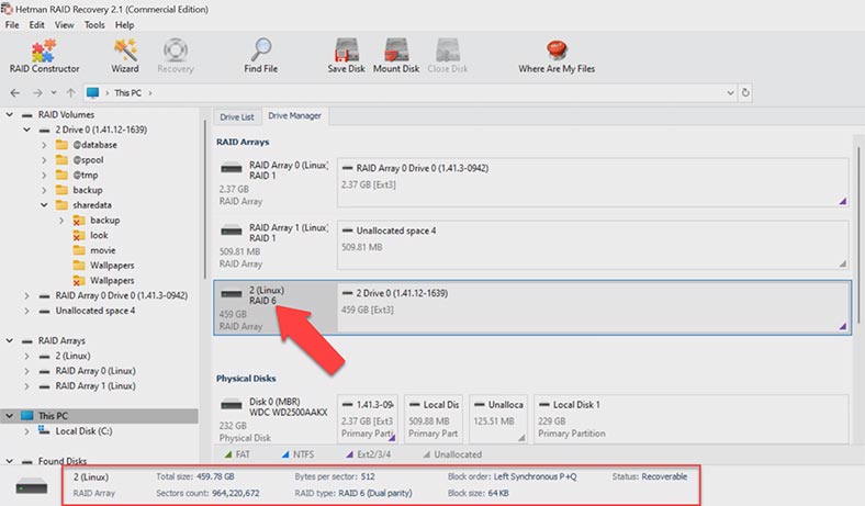 Hetman RAID Recovery reconstruyó automáticamente la matriz