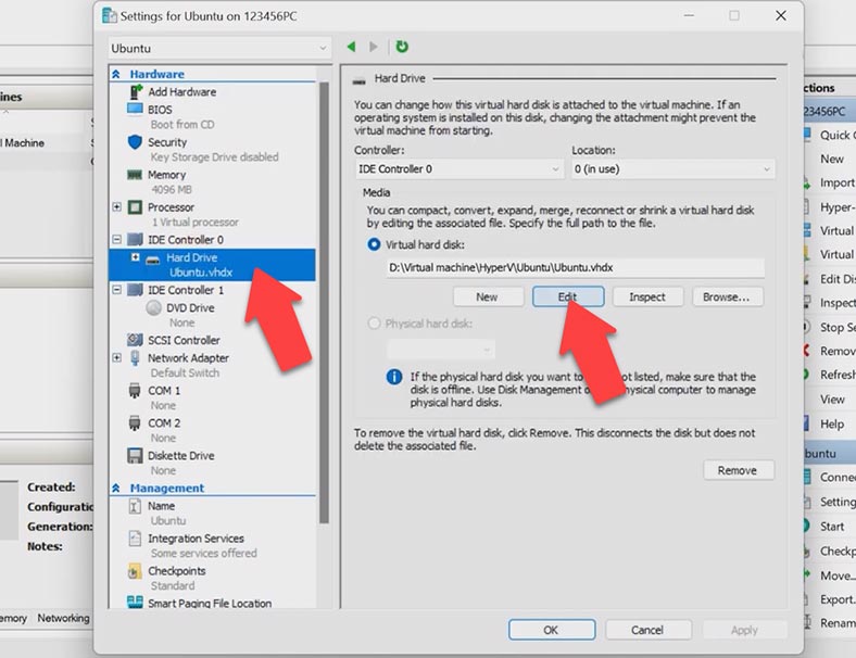 Changing virtual machine hard disk settings in Hyper-V