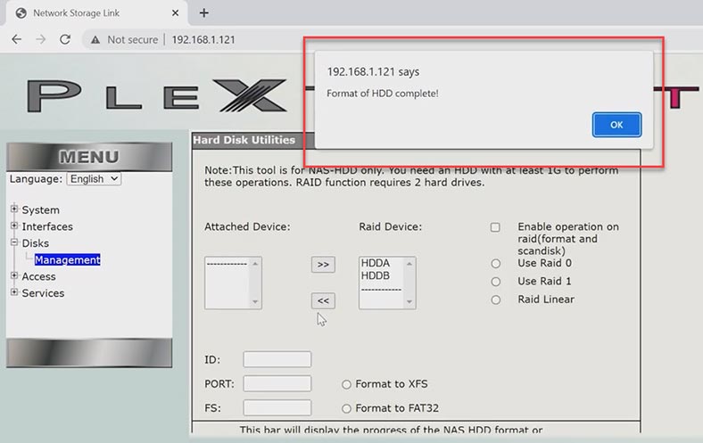 Plextor XStore NAS notification that the RAID is built