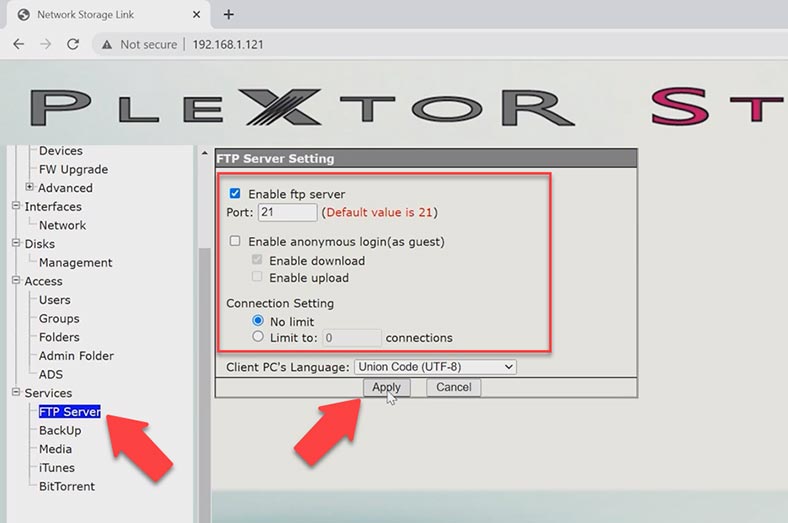 Aktywacja serwera FTP Plextor XStore NAS