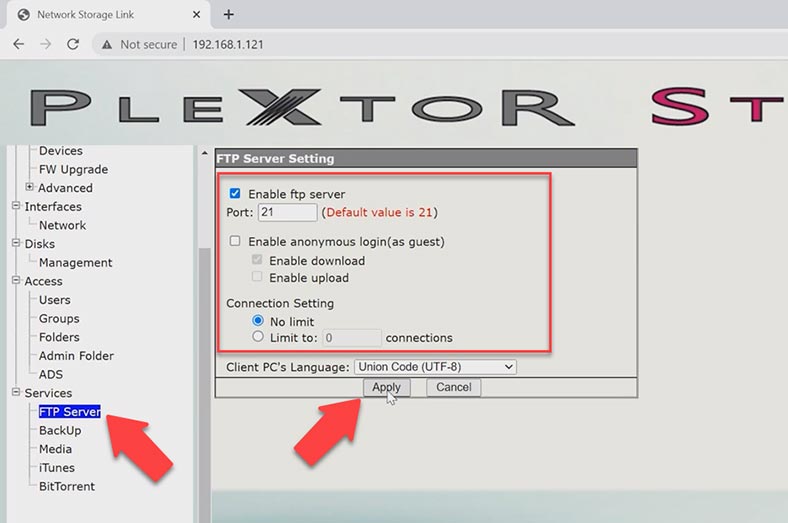 Активація FTP сервера Plextor XStore NAS