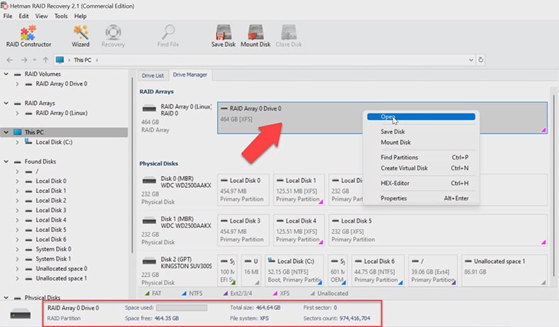 Hetman RAID Recovery detectó una matriz RAID