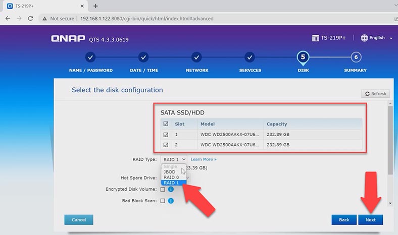 Sélectionnez les disques et choisissez le type RAID