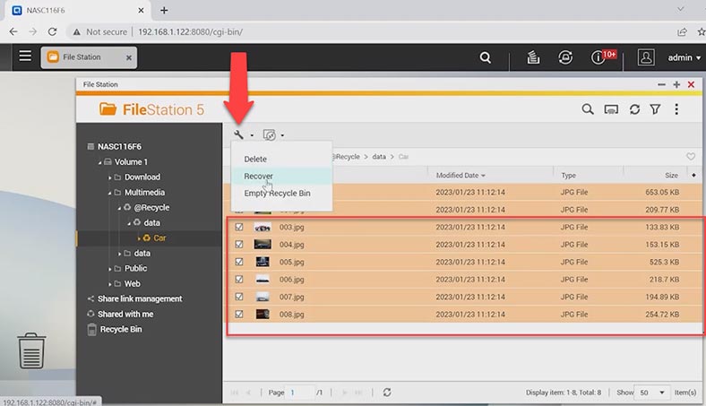 Restauration de fichiers depuis la corbeille sur QNAP NAS TS-219P+