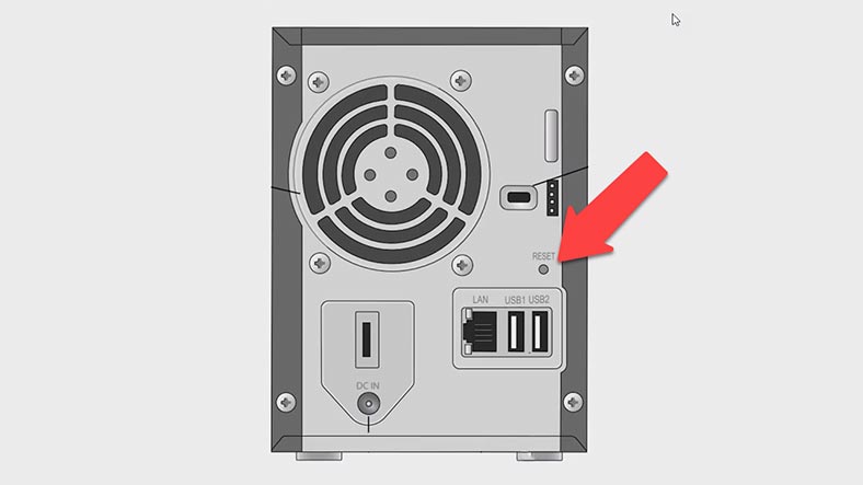 Botão Redefinir na parte traseira do Netgear ReadyNAS Duo RND2000