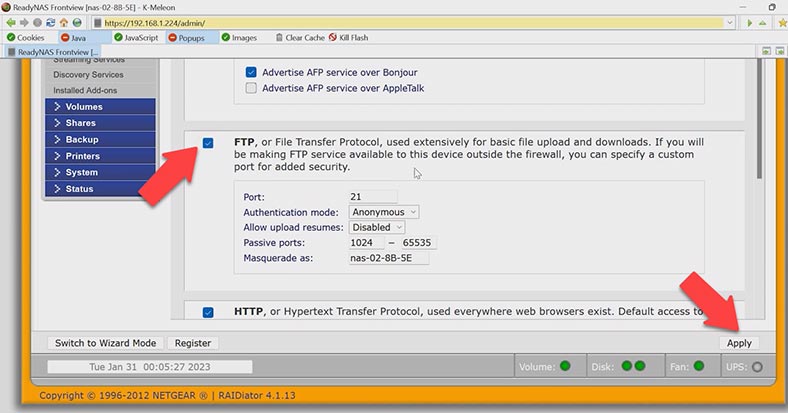 ضبط إعدادات الوصول FTP إلى Standart File Protocols