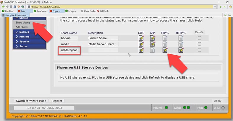 Setting access permissions for shared folder on Netgear ReadyNAS Duo RND2000